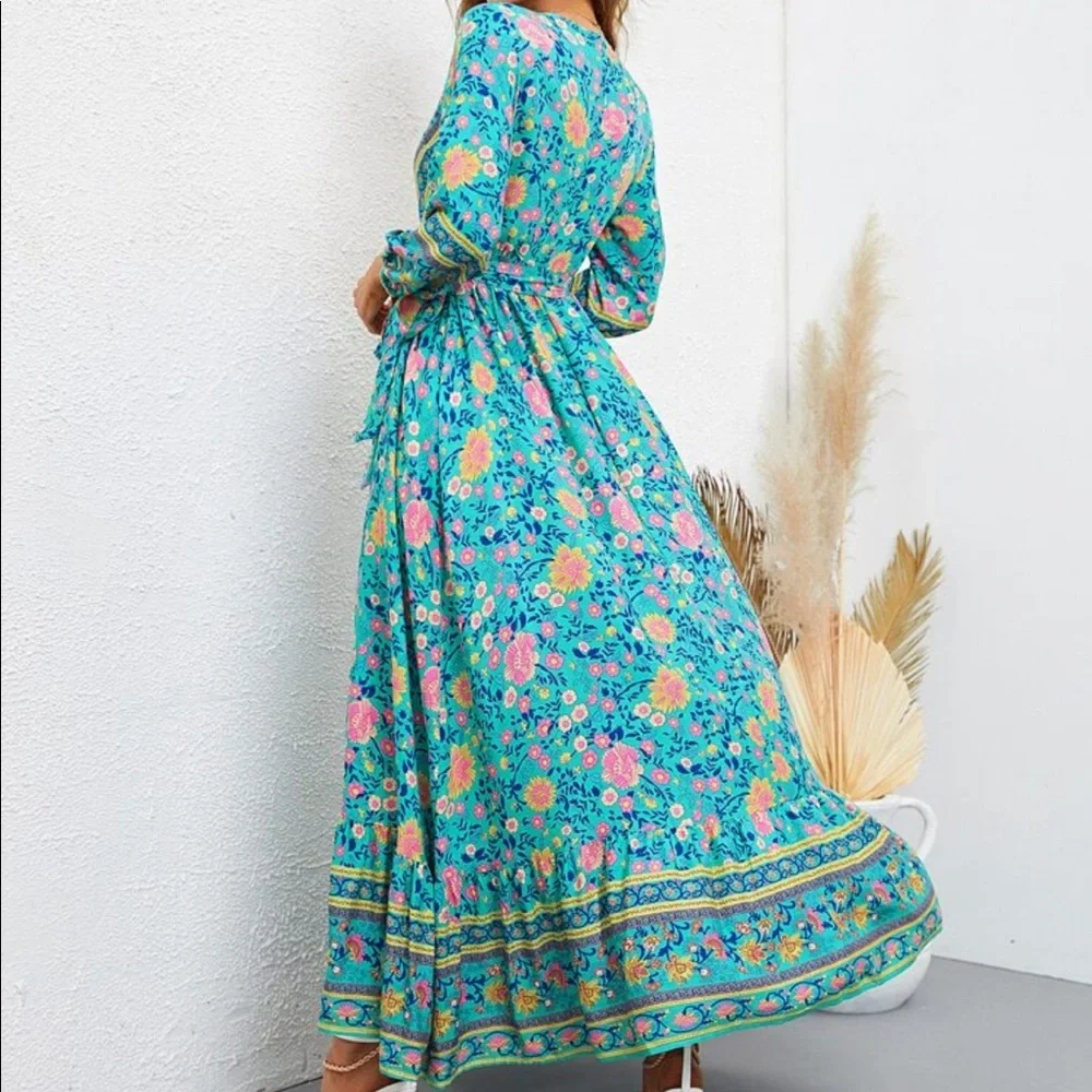 Boho Gypsy Floral Paisley Print Ruffle WRAP Maxi Dress - Picture 4 of 9